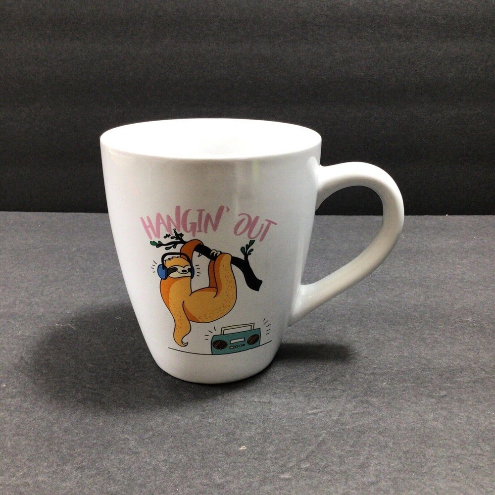 Orange Sloth With Earphone On Branch Funny White Ceramic Mug, Novelty Tea Coffee